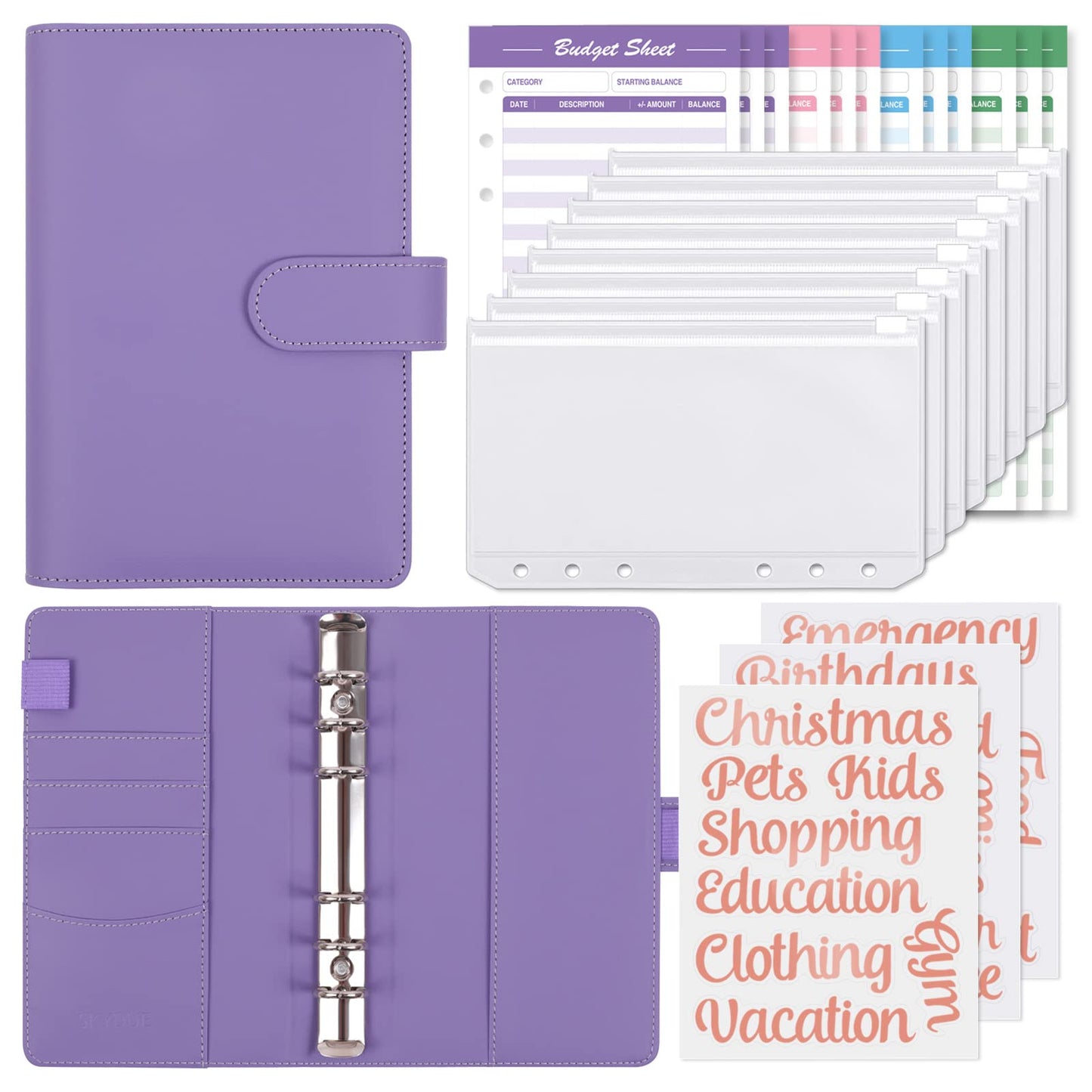 SKYDUE Budget Binder with 8pcs Zipper Envelopes,Money Organizer for Cash with 12pcs Expense Budget Sheets & 24 Rose Gold Sticky Labels,Budget Organizer for Cash