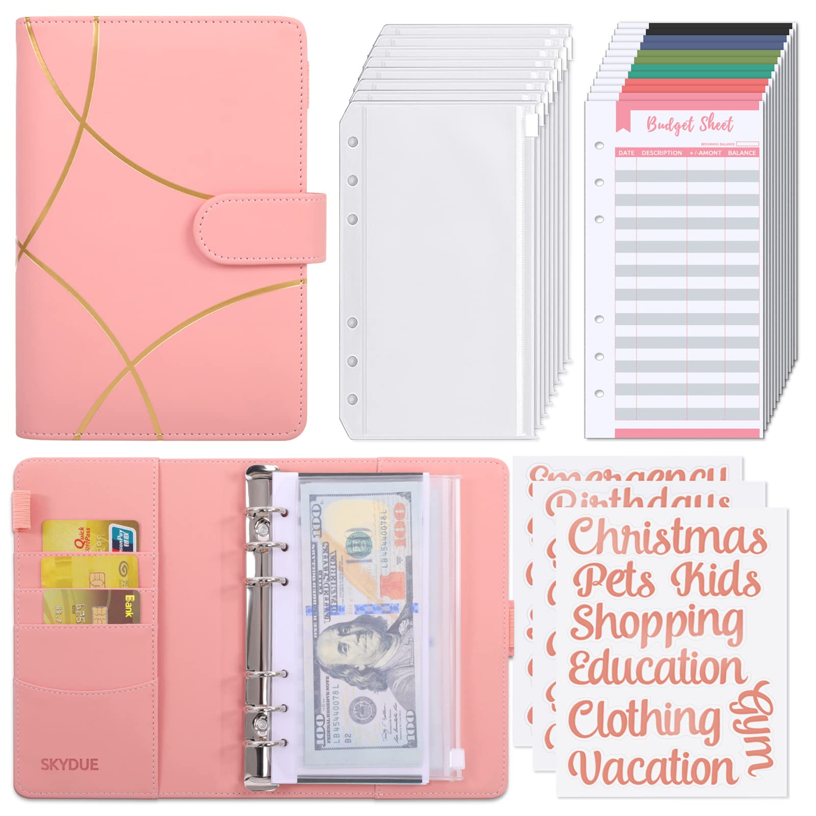 SKYDUE Budget Binder with Zipper Envelopes Money Organizer for Cash