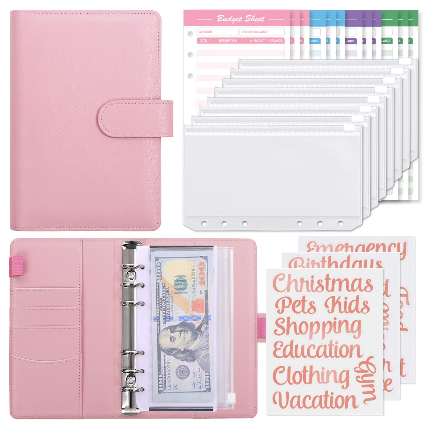 SKYDUE Budget Binder with 8pcs Zipper Envelopes,Money Organizer for Cash with 12pcs Expense Budget Sheets & 24 Rose Gold Sticky Labels,Budget Organizer for Cash