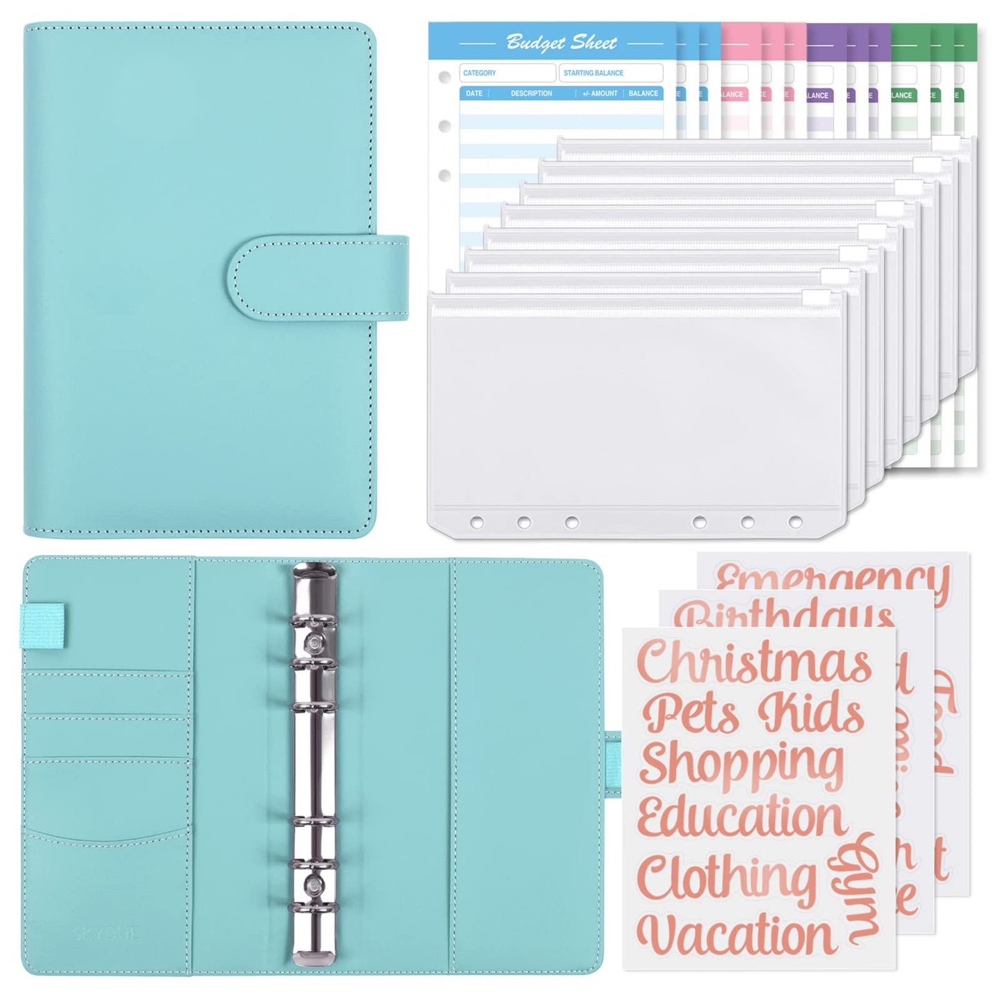 SKYDUE Budget Binder with 8pcs Zipper Envelopes,Money Organizer for Cash with 12pcs Expense Budget Sheets & 24 Rose Gold Sticky Labels,Budget Organizer for Cash
