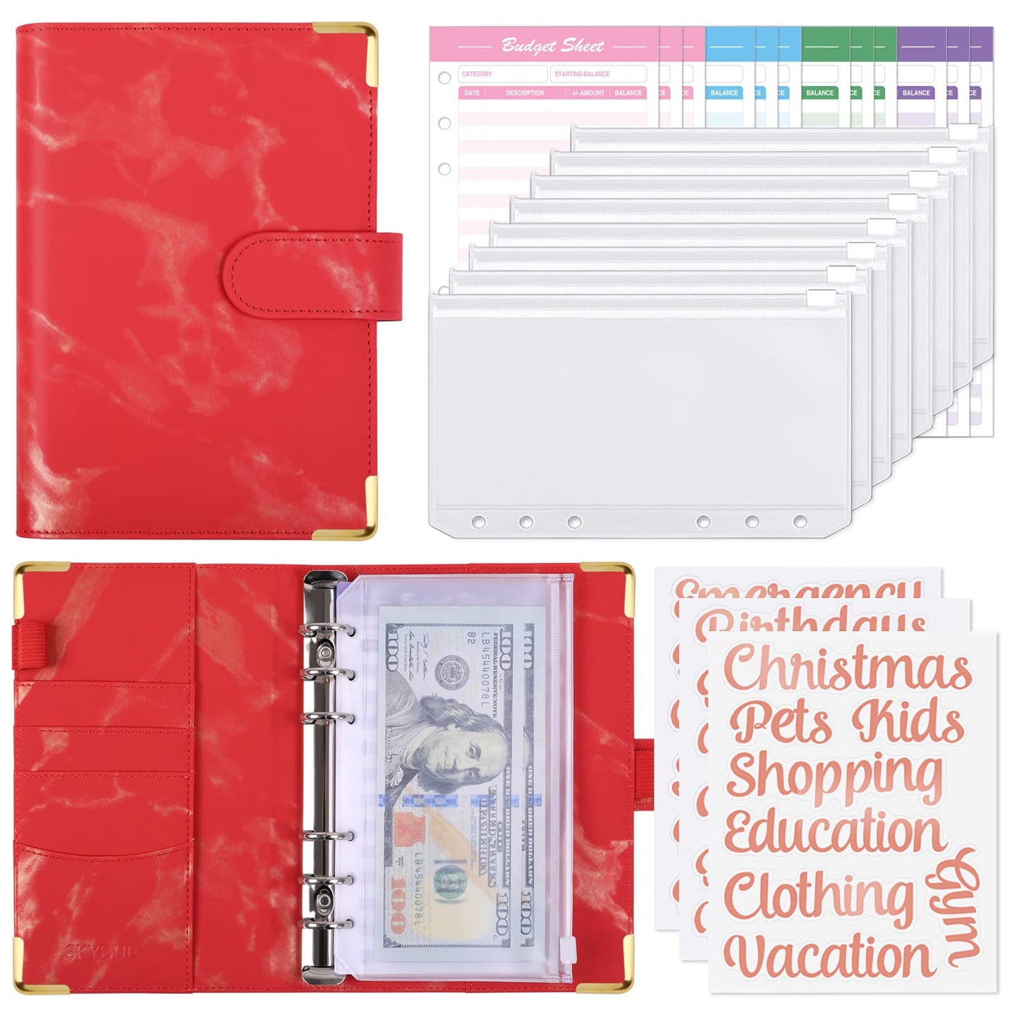 SKYDUE Budget Binder with 8pcs Zipper Envelopes,Money Organizer for Cash with 12pcs Expense Budget Sheets & 24 Rose Gold Sticky Labels,Budget Organizer for Cash