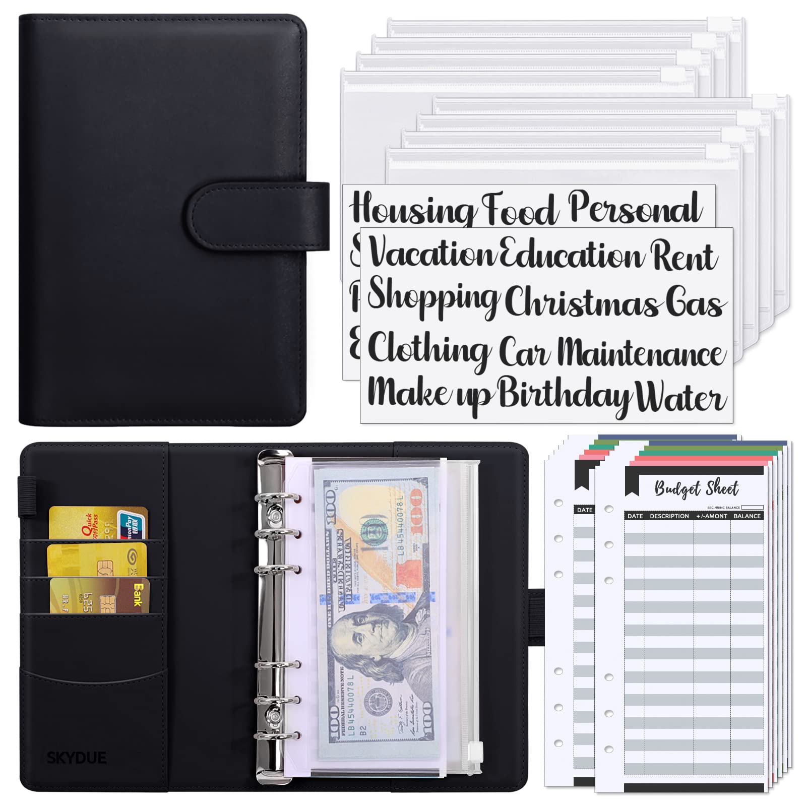 SKYDUE Budget Binder with Zipper Envelopes & Expense Budget Sheets,Money Binder with Cash Envelopes for Budgeting and Saving Money