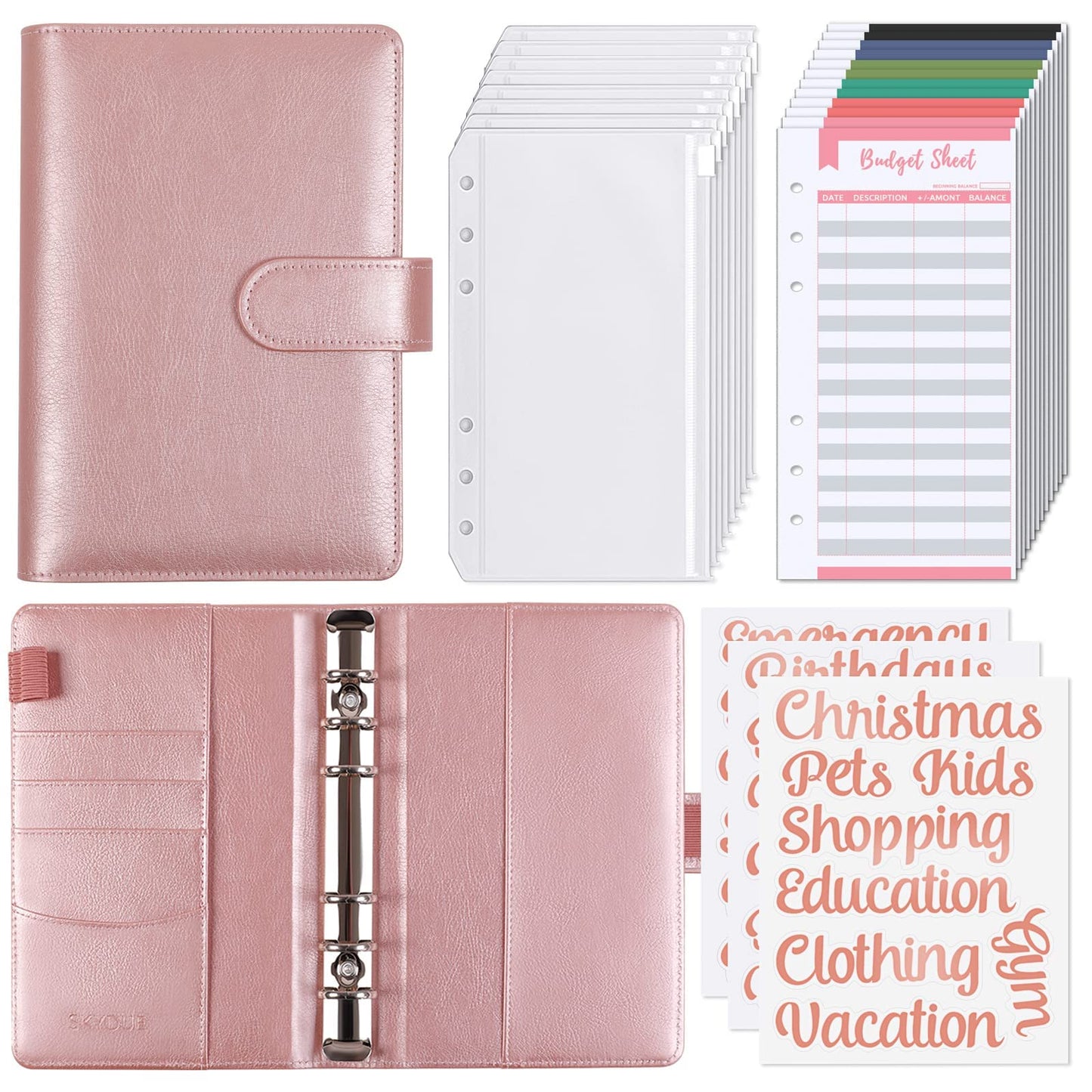 SKYDUE A6 Budget Binder,Money Organizer for Cash with 8pcs Zipper Envelopes,12pcs Expense Budget Sheets & 24 Rose Gold Sticky Labels,Money Saving Binder for Budgeting