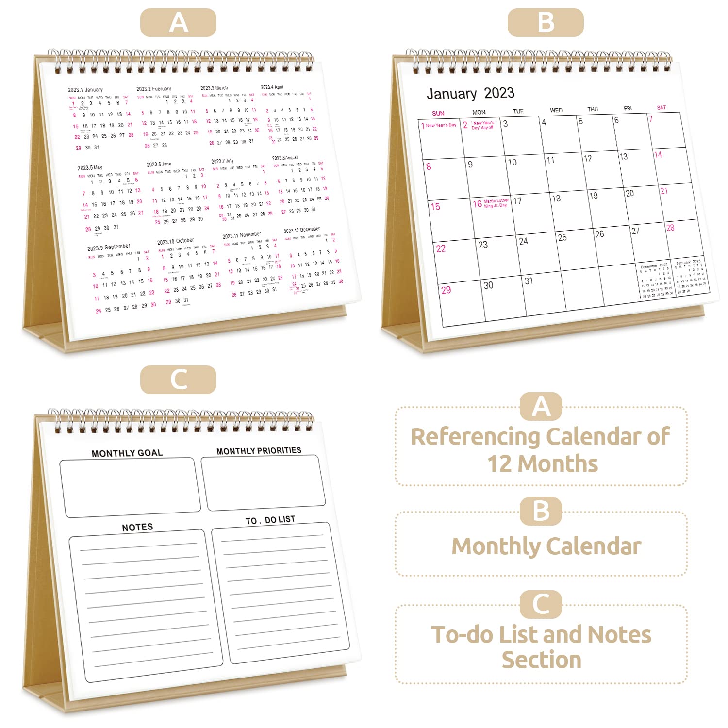 SKYDUE Small Desk Calendar 2023, Desk Calendar from Jan.2023 to Jun.2024, 7" x 8.5", Standing Desk Calendar with To-do List & Notes for Kitchen Office School