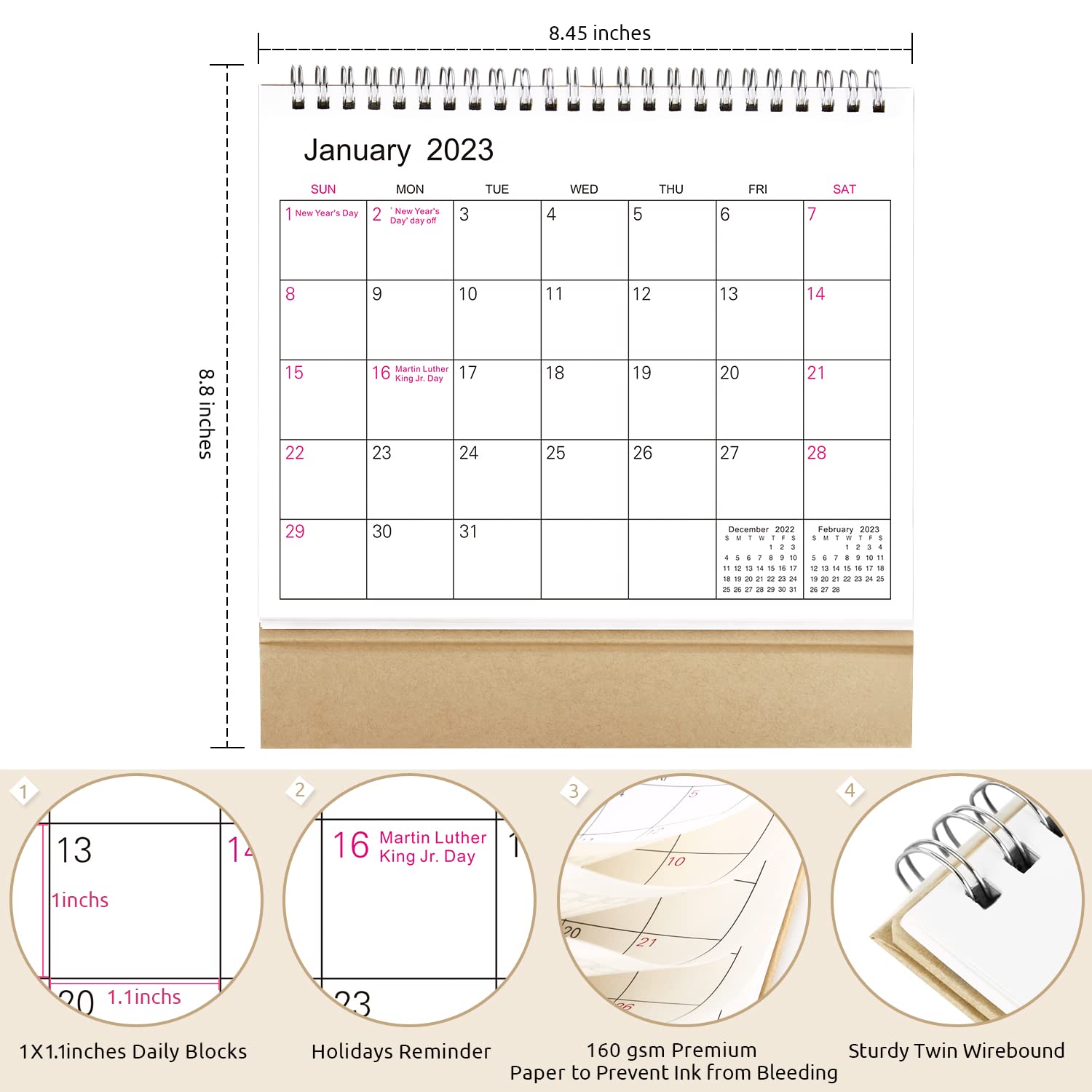 SKYDUE Small Desk Calendar 2023, Desk Calendar from Jan.2023 to Jun.2024, 7" x 8.5", Standing Desk Calendar with To-do List & Notes for Kitchen Office School